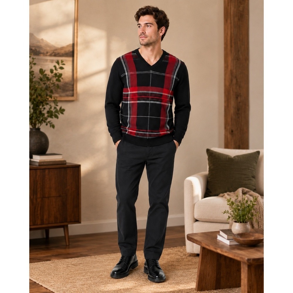 St. Croix Wool V-Neck Sweater Mens Large Black Red Plaid Excellent Made in USA